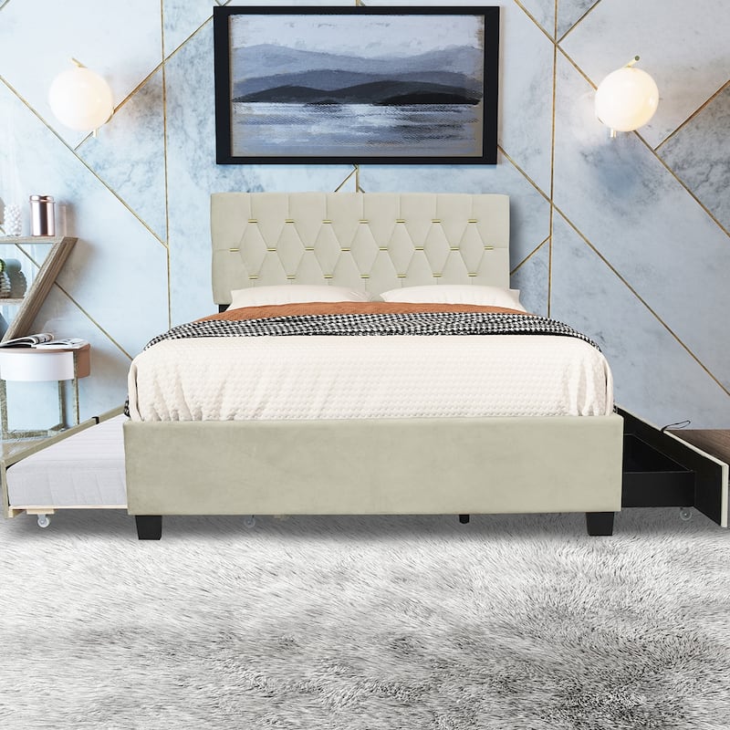 Queen Size Bed Frame With Trundle Bed And Drawers - Beige