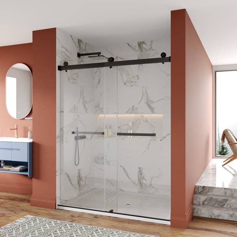 DeerValley 56" - 60" W x 76" H Double Sliding Frameless Shower Enclosure, Stainless Steel Accessories