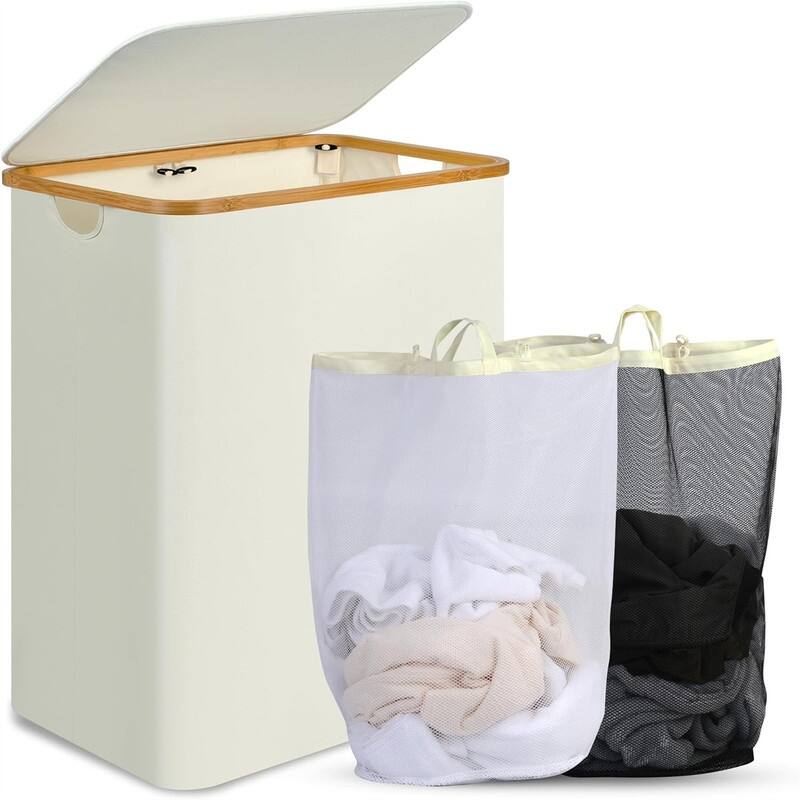 Double Laundry Hamper with Lid - 22.4"L x 14.6"W x 29.1"H - Beige