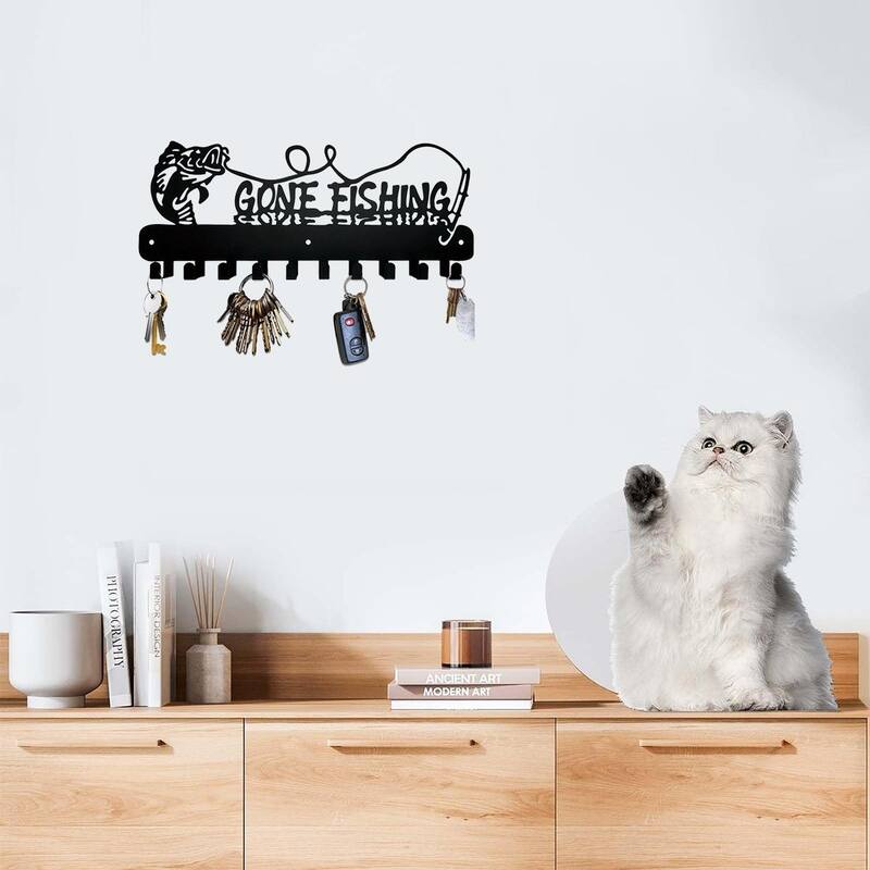 Black Metal Fish Shaped Key Rack with Wall Hook for Coastal Kitchens and Entryways - 11.81”L x 12.2”H