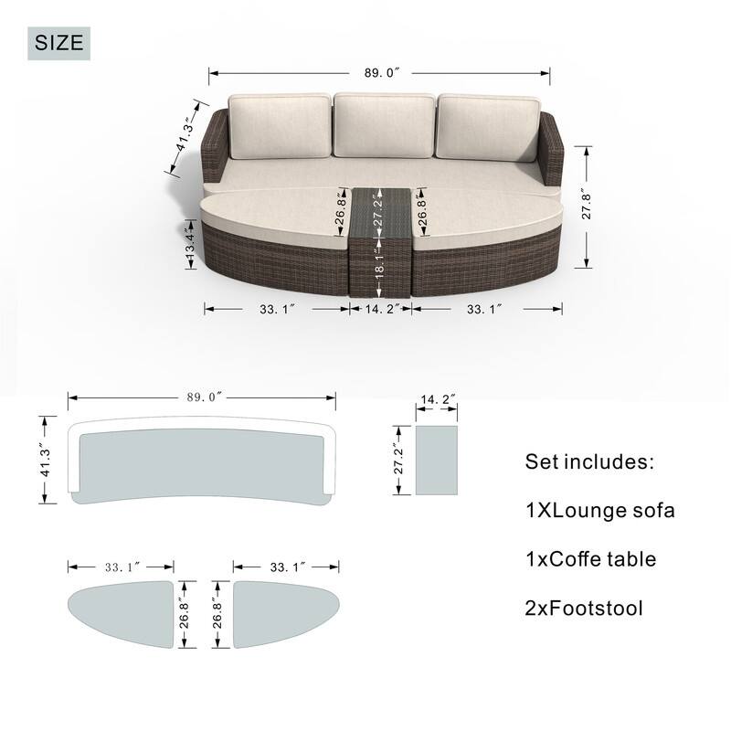 9-piece Patio Wicker Daybed Set with Concrete Fire Pit Table