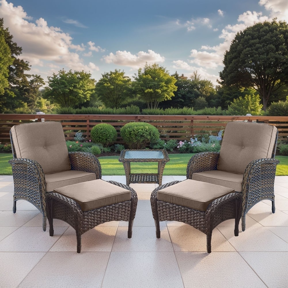 Gymojoy 5-Piece Outdoor Wicker Patio Chair Ottoman Set, Rattan Coversation Set with Water Resistant Cushions