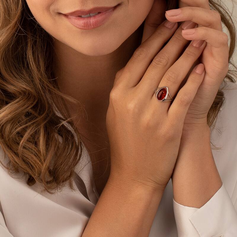 Oval Shape Amber Ring in Sterling Silver