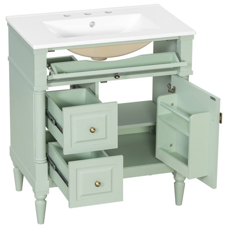 Roomfitters 30" Bathroom Vanity with Sink, Solid Wood Frame, Flip Drawer, 2 Drawers & Door Rack