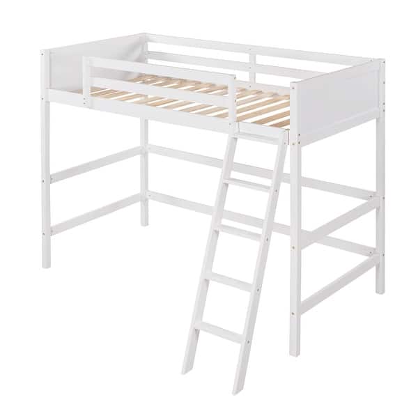 slide 2 of 9, Wooden Loft Bed Twin Size, Solid Wood High Loft Bed Frame with Ladder & Safety Guardrail, Twin Kids Bed Frame for Boys Girls White - Twin