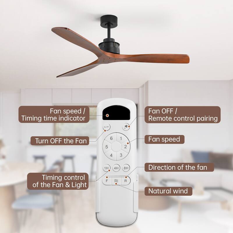 Sofucor 60Inch Ceiling Fan Solid Wood Blades with Light Remote Control,Indoor/Outdoor with Reversible DC Motor for Bedroom Patio