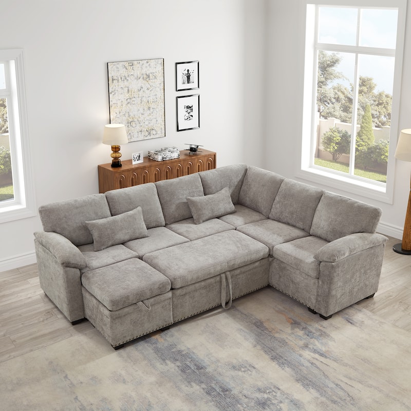L-Shaped Chenille Sectional Sofa with Pull-Out Bed, Upholstered Convertible 7-Seater Sofa with Storage Ottoman & 2 Pillows