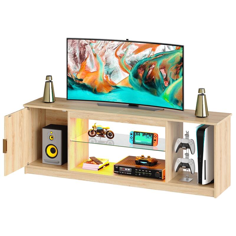 Bestier 57 in. TV Stand Fit TV Up to 65 in., LED Entertainment Center with Cabinet and Adjustable Shelf