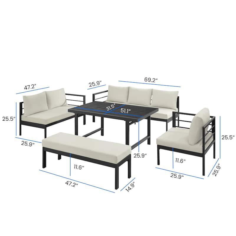 Corvus Galilee 5-Piece Iron Frame Outdoor Patio Set with Cushions and Rectangular Table