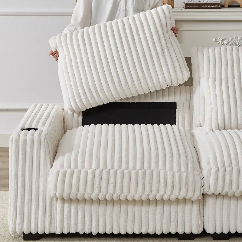 Modern 126-inch Corduroy Sofa with 4 Cushions, Movable Footrest, USB Ports, and Cup Holders