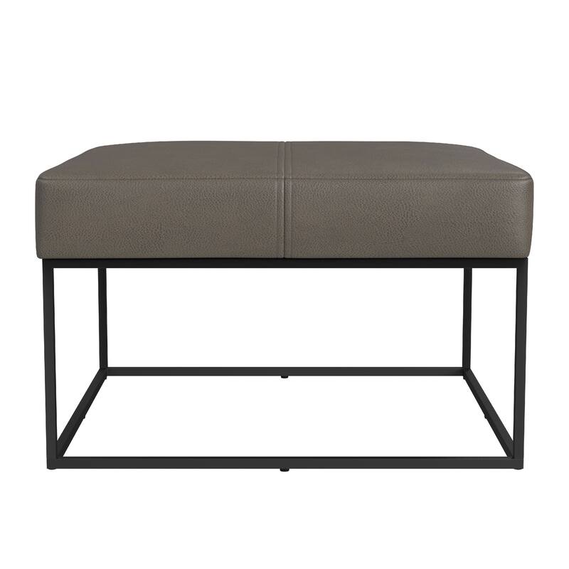Kai Ottoman, Pewter Gray Faux Leather and Black Metal, 28 Inch Square