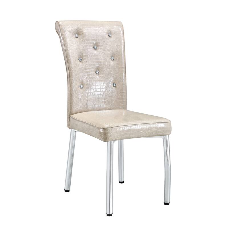 A set of 2 vintage crocodile leather cushioned dining chairs, featuring crystal clasp design and artificial leather design