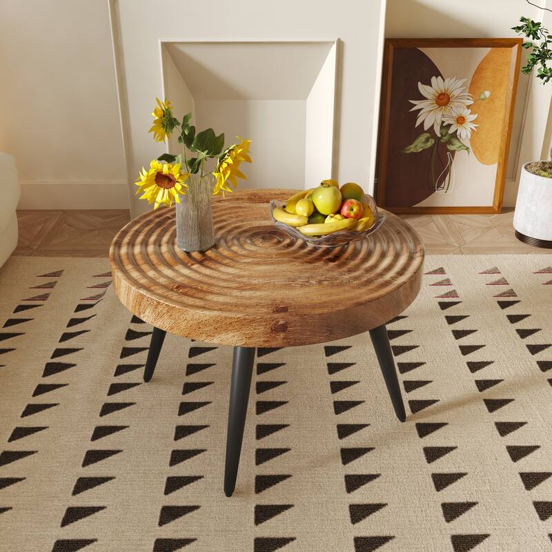 31-inch Modern farmhouse-style living room coffee table, round table with natural finish, burlywood - Burly Wood