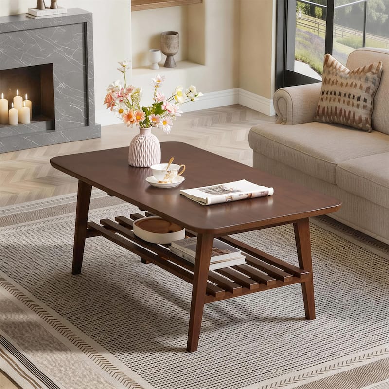 Wooden Coffee Table with Storage Shelf, Mid-Century Rectangular Center Table for Living Room,Walnut Brown