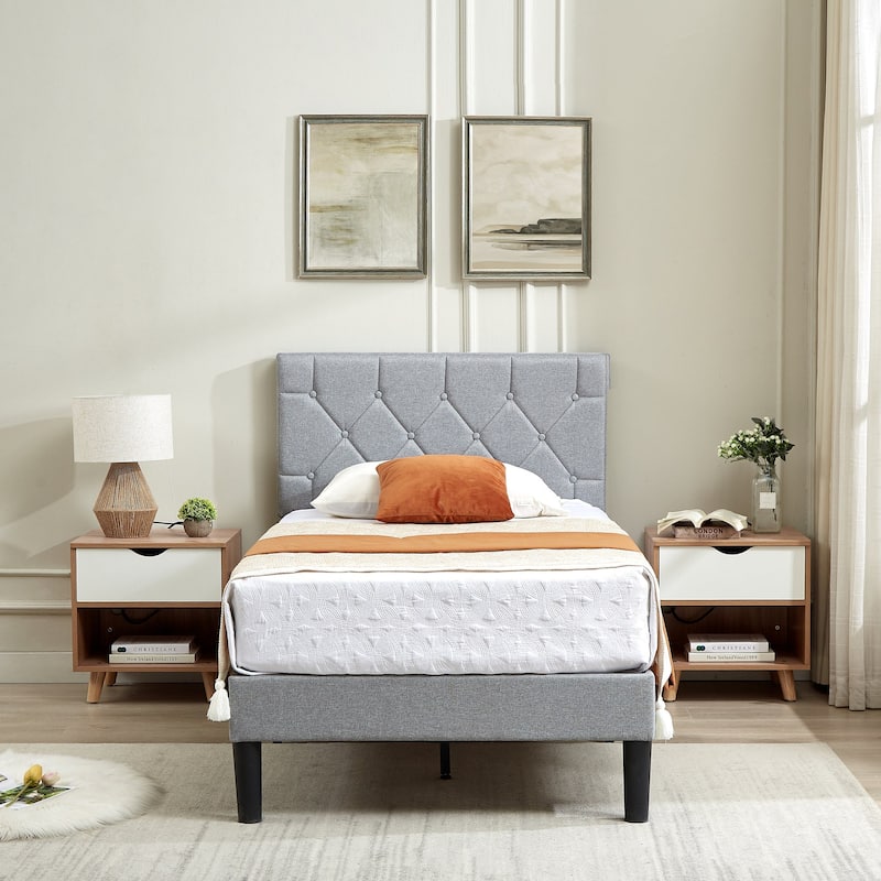 VECELO Upholstered Kids Bed Frame with Diamond Tufted Headoard,Twin Size Bed Set of 2