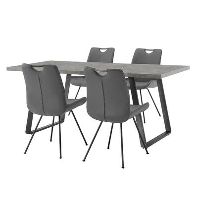 71 Inch 5 Piece Faux Leather Dining Set, Concrete Top, Gray