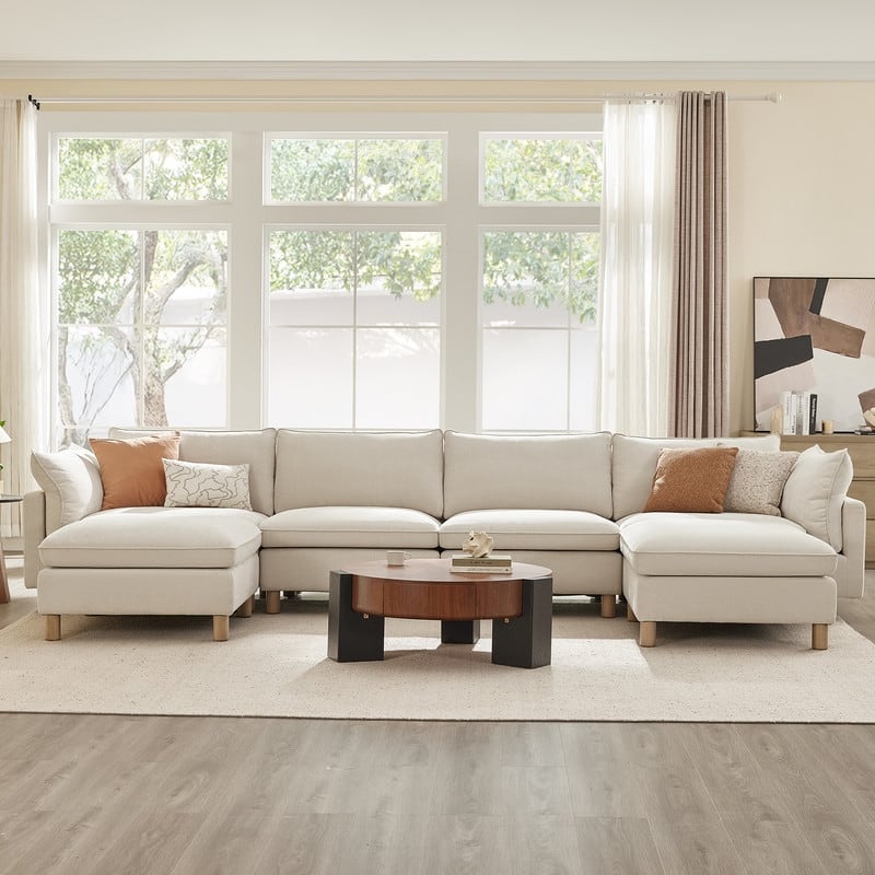 Spruce & Spring Modular Cloud Couch Sofa with Wood Legs for Living Room - Cream-Fabric-6PC