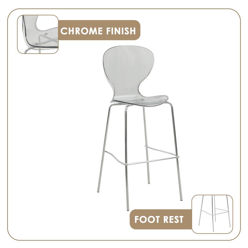 Oyster (Set of 2) 29.5" Mid-Century Modern Acrylic Bar Height Stools - Chrome Steel Frame & Stackable