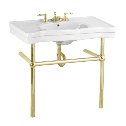 White Bathroom Console Sink 35.5 W Wall Mount with Brass Bistro Legs, Overflow and Faucet Holes Renovators Supply