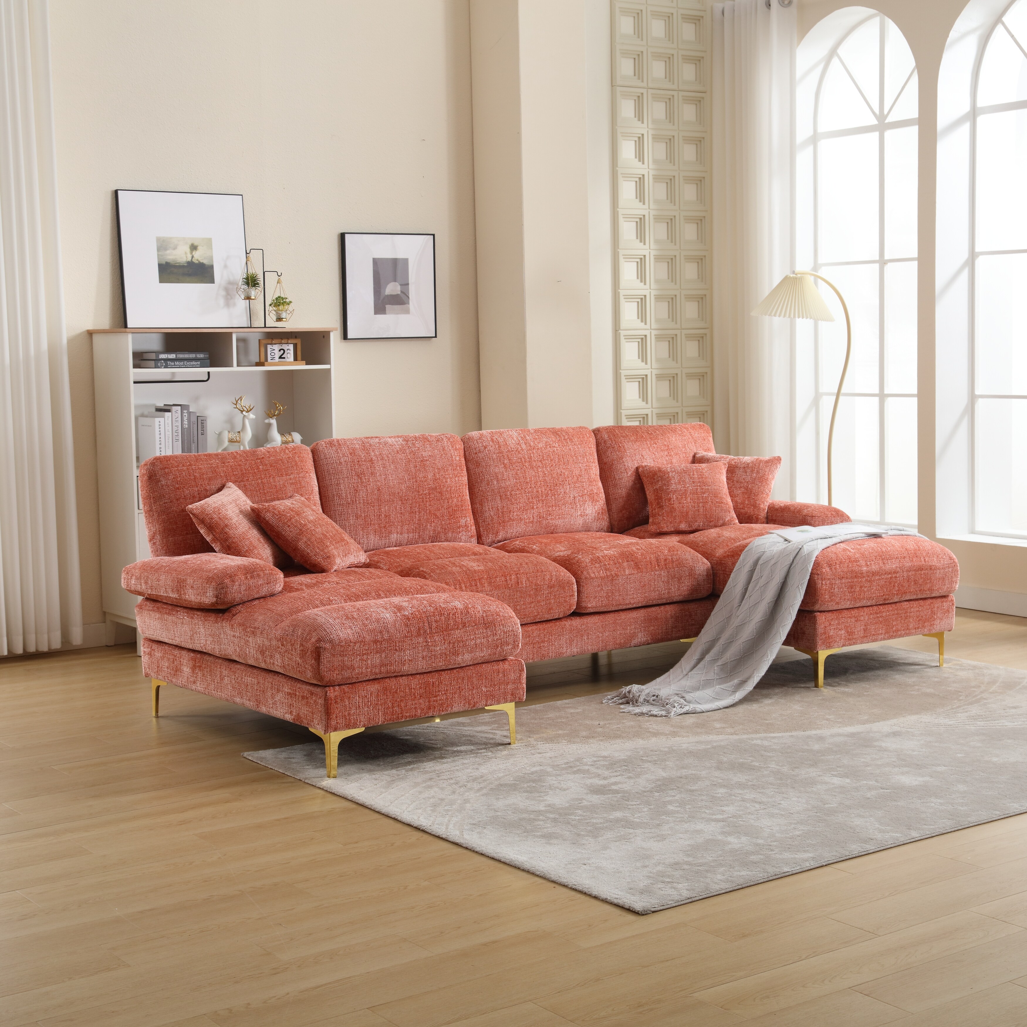 U Shape Chenille Sofa w Reversible Ottomans Throw Pillows Pink Bed Bath Beyond 40519068