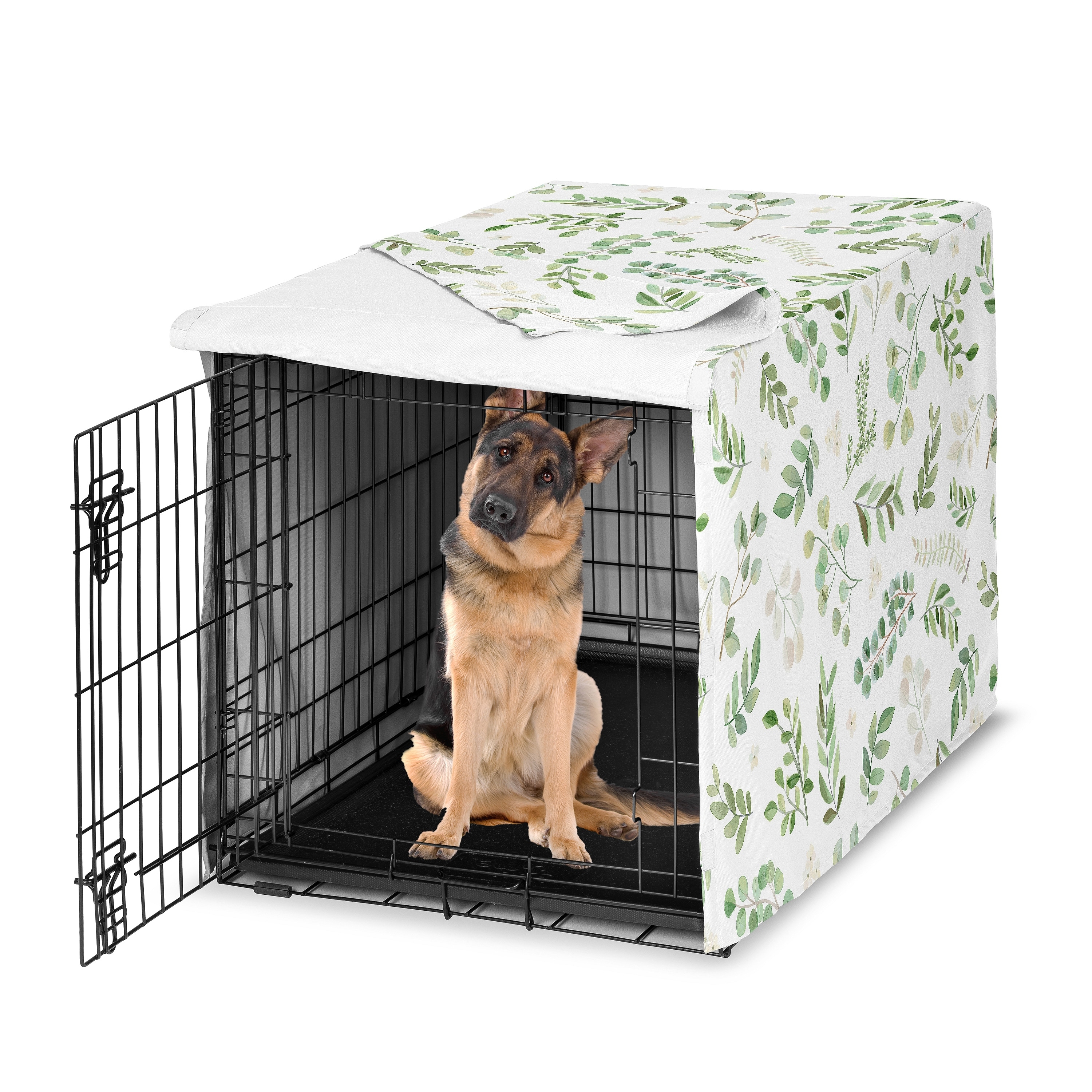 Sweet Jojo Designs Green Boho Floral Leaf Dog Crate Kennel Cover 48in. Neutral Sage White Bohemian Watercolor Botanical Woodland