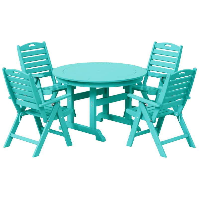 Polytrends Laguna 5-Piece Round Table Folding Highback Chair Dining Set - Turquoise