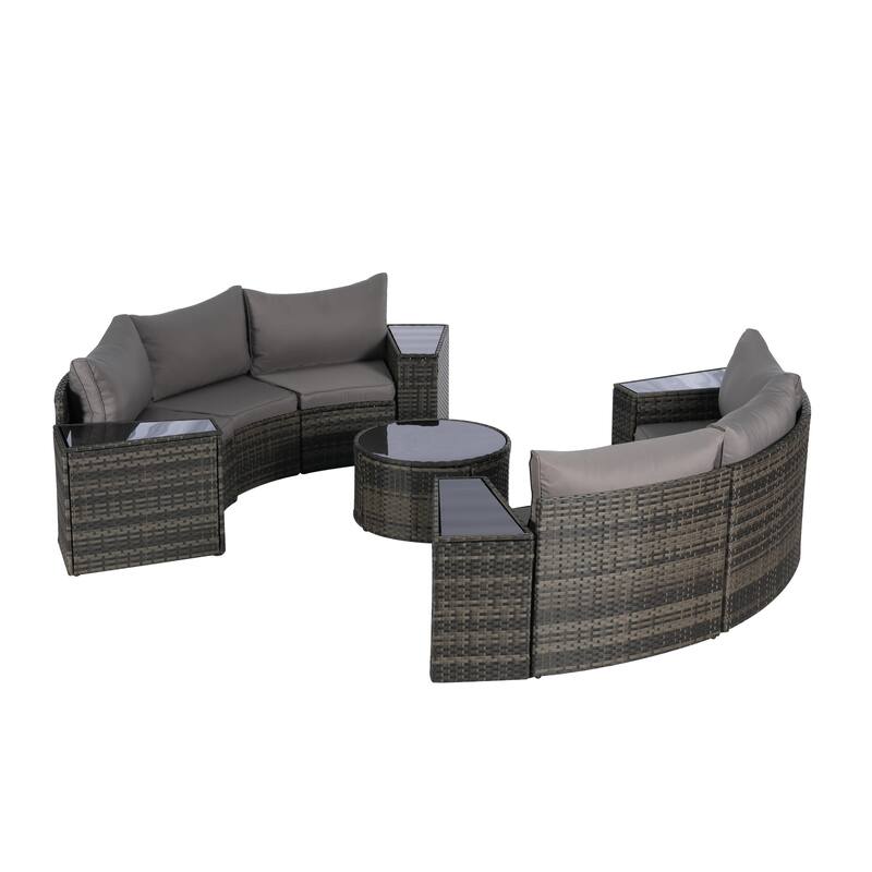 11-Piece Outdoor Half-Round Modular Sectional Sofa Set with Tempered Glass Coffee Table and 4 Side Table