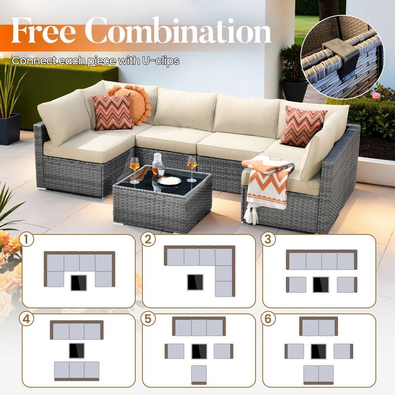 HOOOWOOO 8-piece Grey Wicker Patio Furniture Set Sectional Sofa with Fire Pit Table