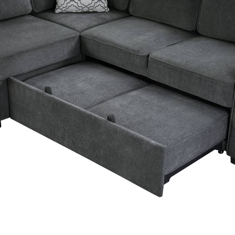 L-Shaped Sectional Sofa Convertible Sofa Bed with Dual Pull-Out Sleepers Sofa, Flip-Top Table, USB Ports, Cup Holder and Storage