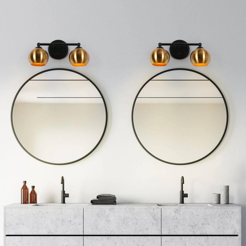 2-Light Modern Black Gold Vanity Light Bathroom Metal Wall Sconce for Powder Room - 14.5'' L x 6'' W x 7.5'' H