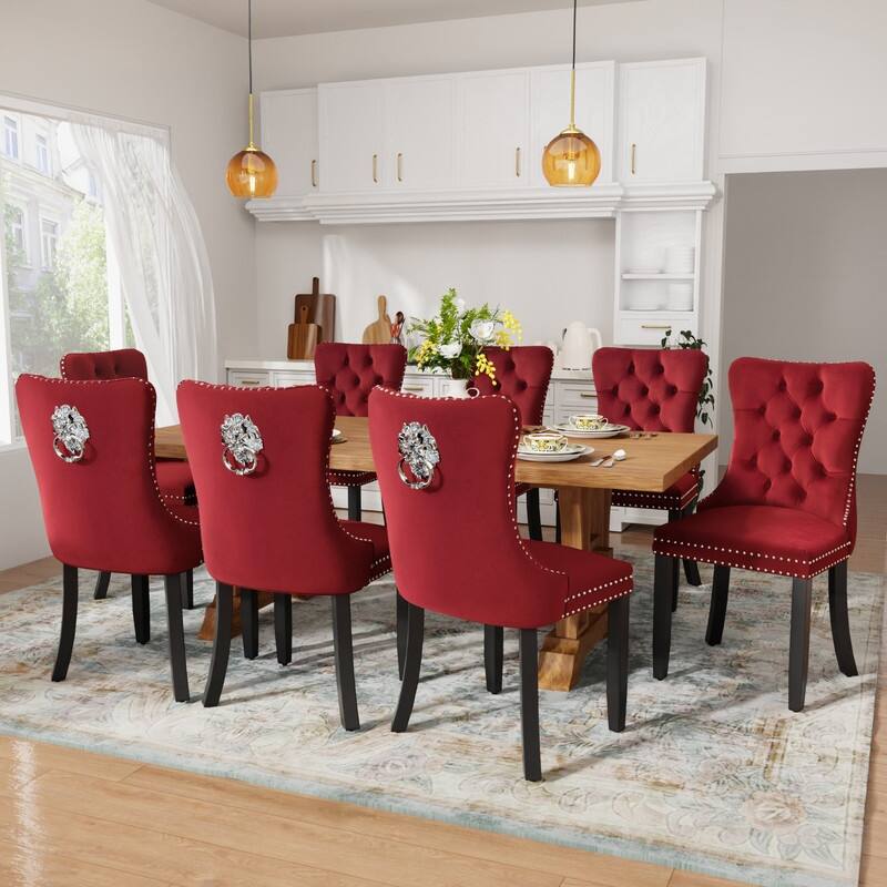 Tufted Naliheads Solid Wood Upholstered Dining Chairs Set of 8 - Burgundy BlackLegs
