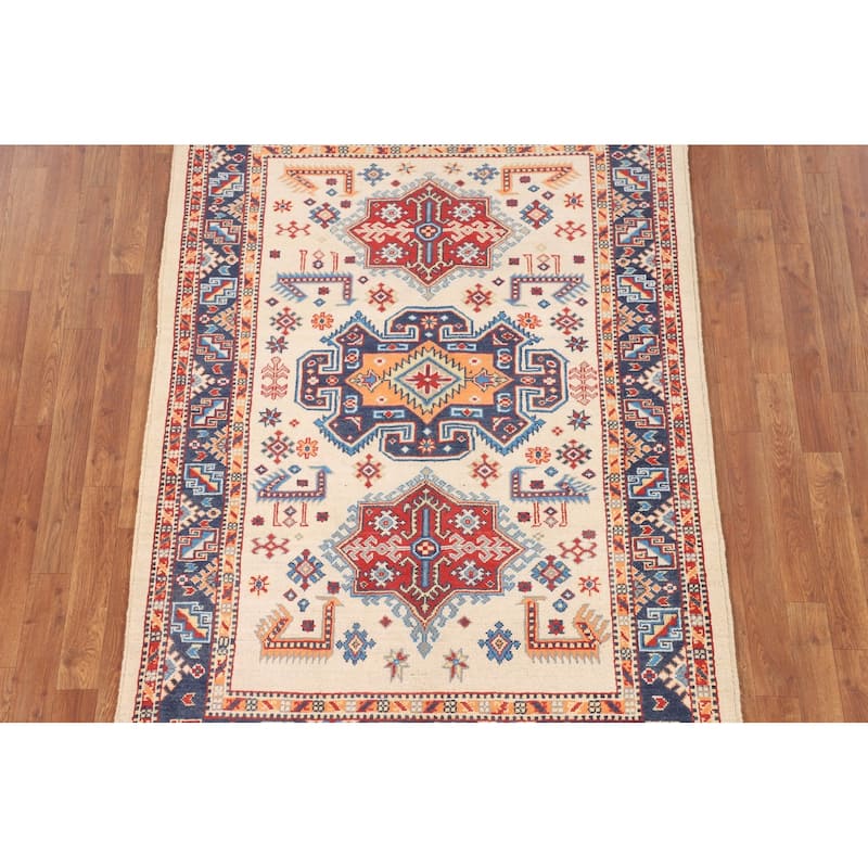 Beige / Ivory Geometric Kazak Oriental Rug Hand-Knotted Wool Carpet - 4'2" x 5'11"