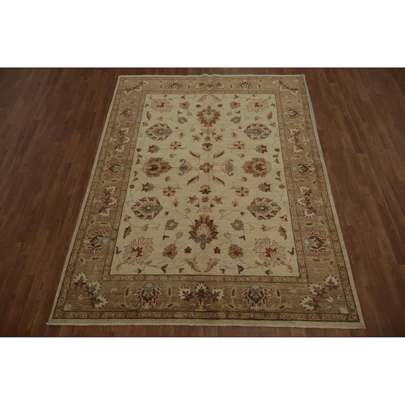 Hand Knotted Oriental 100% Wool Carpet Traditional Floral Beige & Ivories Peshawar Area Rug - 8' 4'' X 6' 2''