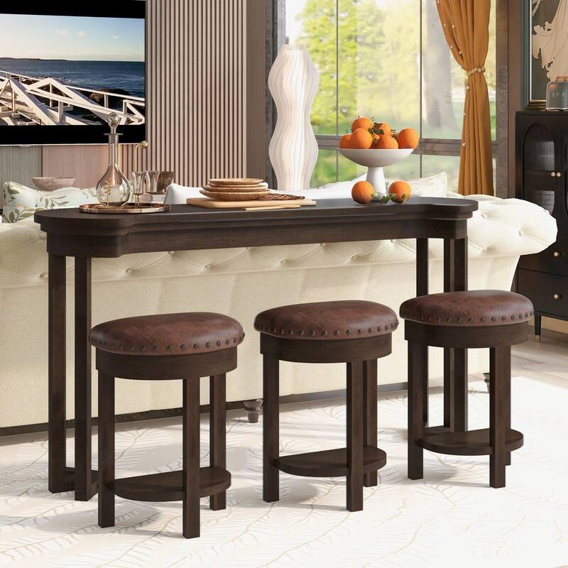 4-Piece Bar Table Set with Solid Pine Wood Legs and PU Upholstered Stools for Dining and Entertaining - Espresso