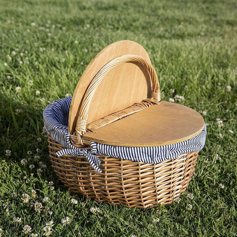 Country Vintage Picnic Basket with Lid - Navy Blue & White Stripe