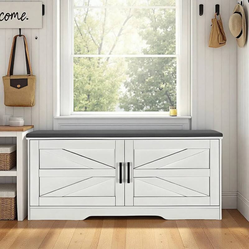 Farmhouse Shoe Storage Bench, 2 Tier Shoe Bench with Padded Seat Cushion & 2 Barn Doors& 2 Adjustable Shelves - White