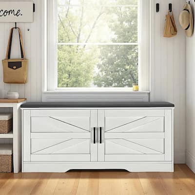Farmhouse Shoe Storage Bench, 2 Tier Shoe Bench with Padded Seat Cushion & 2 Barn Doors& 2 Adjustable Shelves