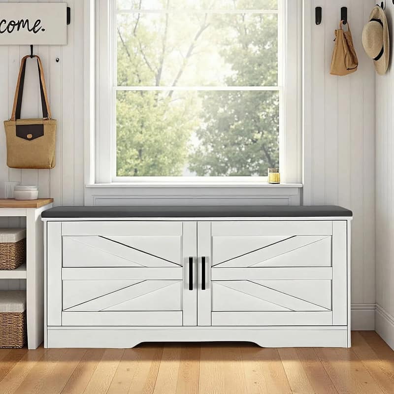 Farmhouse Shoe Storage Bench, 2 Tier Shoe Bench with Padded Seat Cushion & 2 Barn Doors& 2 Adjustable Shelves
