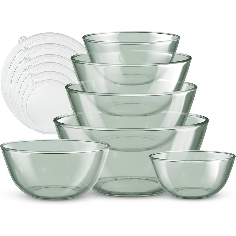 COOK WITH COLOR 12 Pc Glass Nesting Mixing Bowl Set with Lids for Cooking and Prep - Colored Green