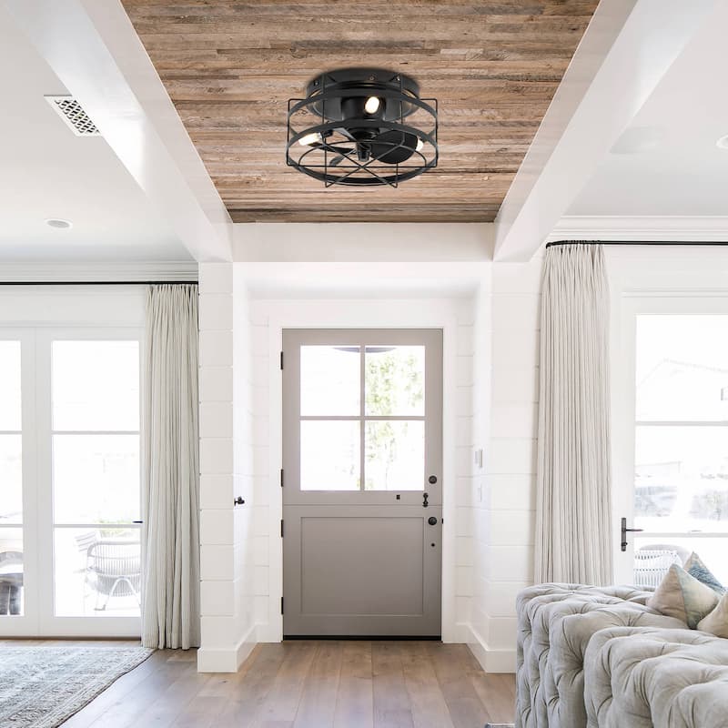 12.5" Black Small Metal Caged Low Profile Ceiling Fan with Light