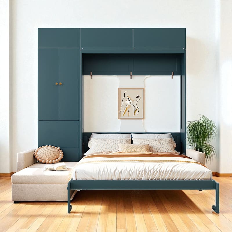 Queen Size Murphy Wall Bed with Sofa and Storage Cabinets, Folding Bed with Shelves for Small Spaces