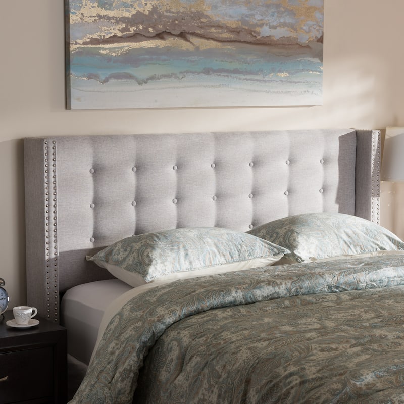 Modern Greyish Beige Fabric Winged Headboard Queen Size with Button Tufting and Nailhead Trim, Adjustable Mount