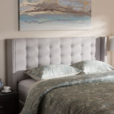 Modern Greyish Beige Fabric Winged Headboard Queen Size with Button Tufting and Nailhead Trim, Adjustable Mount