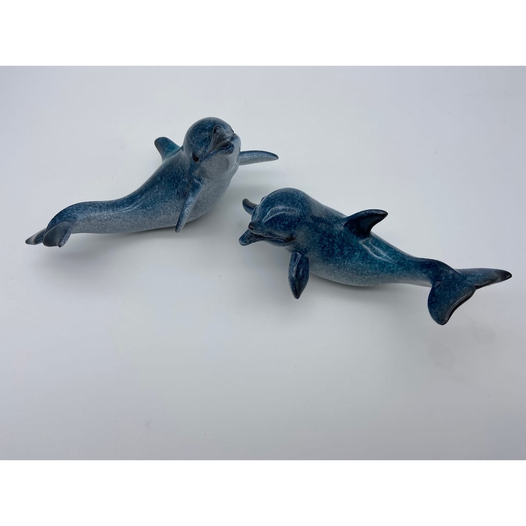 Glazed Pair of 8" Dolphins Figurines - Dark Blue