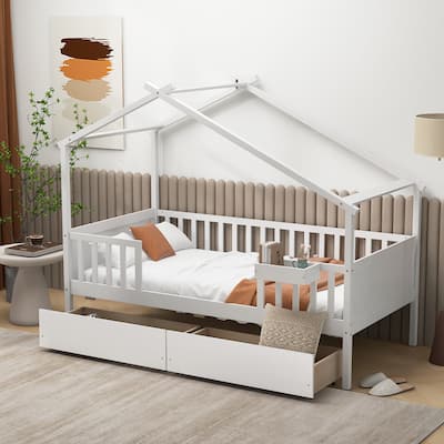 Gymax Twin House Bed w/ 2 Storage Drawers Roof & Fence Rails Headboard