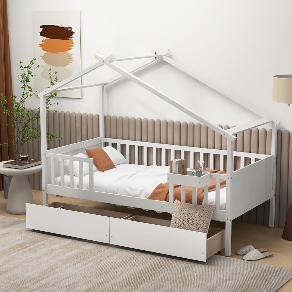 Gymax Twin House Bed w/ 2 Storage Drawers Roof & Fence Rails Headboard