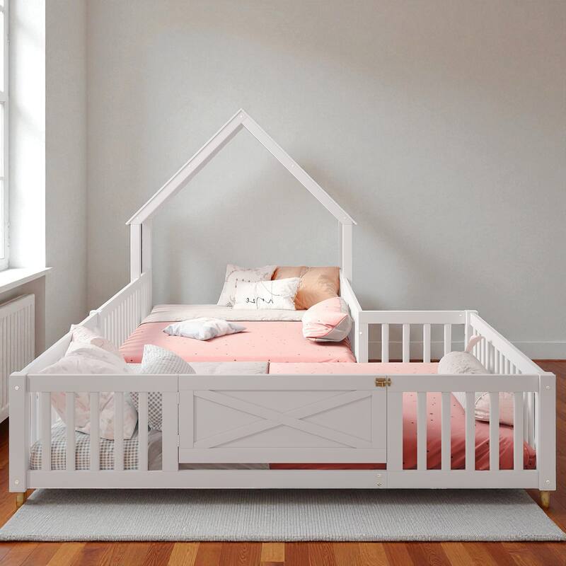 Twin/Full Size House Floor Bed with Door and Guardrails, Double Twin/Full Solid Wood Montessori Bed for Kids