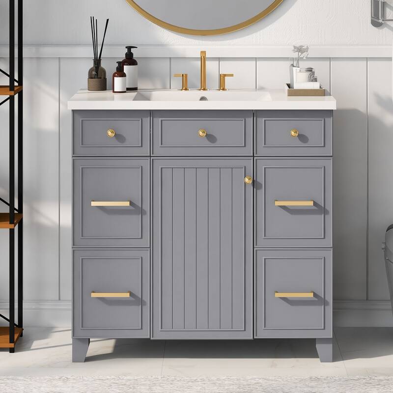 Modern 36-Inch Free-Standing Vanity with Single Sink, Storage Drawers & Adjustable Shelf