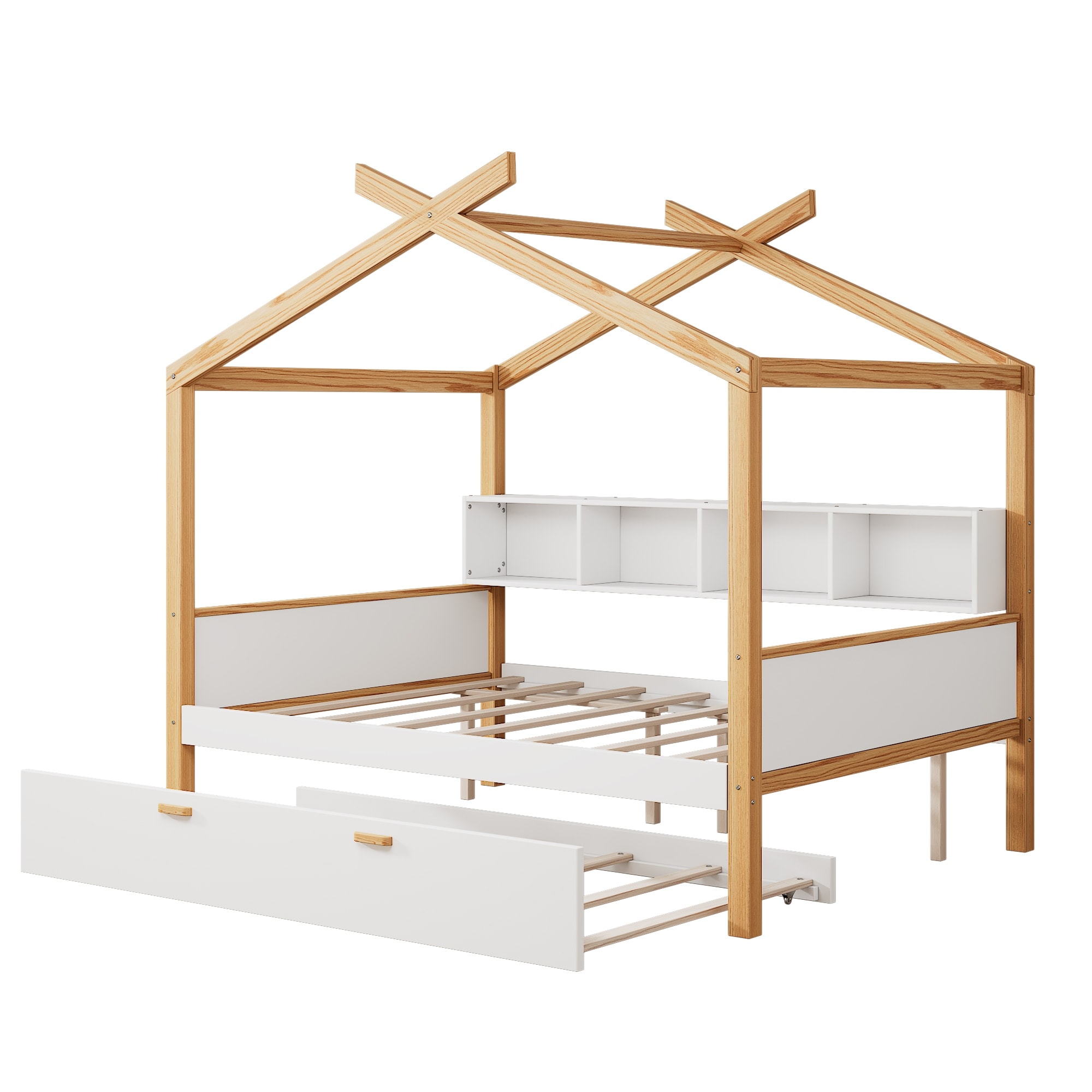 Kids Wooden House Bed with Bookshelf & Trundle