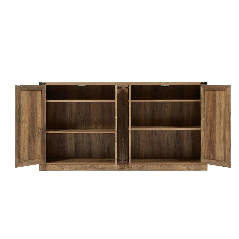 Rustic Faux Rattan Sideboard Adjustable Shelves Buffet Cabinet, Living Dining Room Accent Cabinet TV Cabinet Console Table, Oak